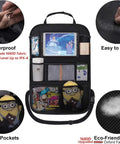 Backseat Car Organizer With 8 Large Pockets And Tablet Holder For Kids and Toddlers showcasing waterproof fabric, mesh pockets, tablet sleeve.