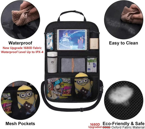 Backseat Car Organizer With 8 Large Pockets And Tablet Holder For Kids and Toddlers showcasing waterproof fabric, mesh pockets, tablet sleeve.