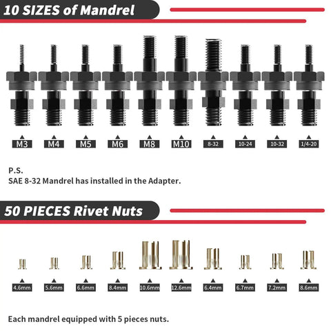 Cordless Drill Rivet Nut Tool Kit With 10 Mandrels And 50 Assorted Rivet Nuts In Rugged Carrying Case Turns Any Drill Into A Beast