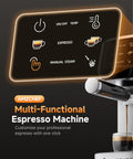 Quick Fix 20 Bar Espresso Machine With Rapid Milk Frother And Hit The Spot Temp Dials touchscreen panel showing settings.