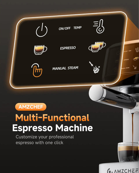 Quick Fix 20 Bar Espresso Machine With Rapid Milk Frother And Hit The Spot Temp Dials touchscreen panel showing settings.