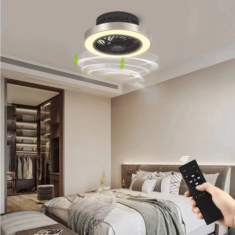 Enclosed 16 Inch Flush Mount Ceiling Fan With Lights, Low Profile Dope Black And Brushed Nickel Finish, Remote, in a bedroom.