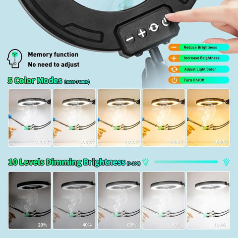 Control panel and color modes of Lighted Magnifying Glass With Stand And Clamp Arm, 12X 30X Real Glass Magnifier with LED dimming options