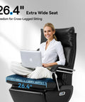 Woman sitting cross-legged on Dual Motor Electric Reclining Office Chair With Heat Massage And Ventilation, using laptop