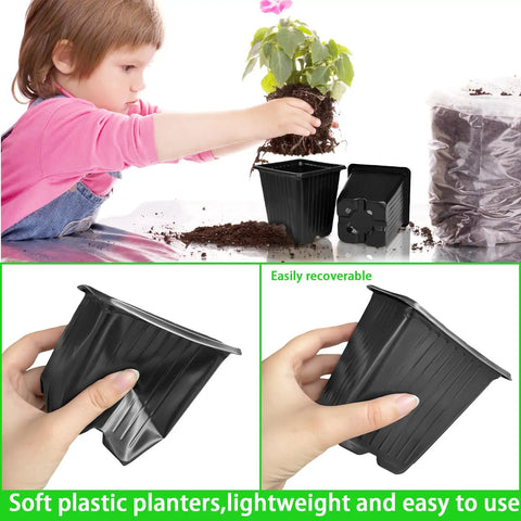 Child using 100 Pack Square Plant Nursery Pots With Drainage Holes Three And A Half Inch Plastic Seed Starter Pots for gardening