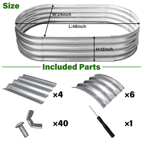 Galvanized Raised Garden Bed For Outdoor Use 4 By 2 By 1 Foot Oval Design with included parts like panels and screws shown.