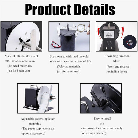 Automatic Label Winder And Rewinder For 1 To 3 Inch Cores with product details section showcasing components and materials.