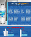 Replacement Refrigerator Water Filter RWF4200A for Samsung in a kitchen setting with compatibility chart visible