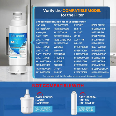 Replacement Refrigerator Water Filter RWF4200A for Samsung in a kitchen setting with compatibility chart visible