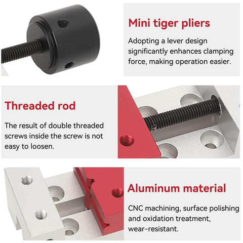 Close-up of drill press bench vise clamp highlighting mini tiger pliers, threaded rod, and aluminum material.
