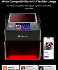 AlgoLaser 10W portable laser engraver, black with red base, front view with 3.5-inch touchscreen and smartphone app