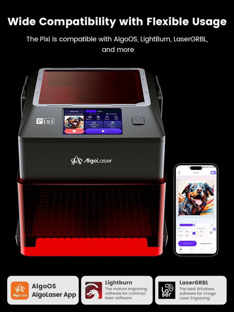 AlgoLaser 10W portable laser engraver, black with red base, front view with 3.5-inch touchscreen and smartphone app