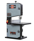Badass Heavy Duty Steel Benchtop Band Saw With 2.2 Amp Motor Rips Through Lumber Cutting Eight Inches Wide And Three Point Two Deep Tilts To Forty Five Degrees For Any Weekend Workshop Job, showing large blade and sturdy base.
