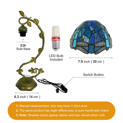Sea Blue Dragonfly Handmade Stained Glass Desk Lamp With Metal Leaf Base Vintage Curved Reading Light showcasing parts and dimensions