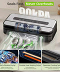 Pro Grade Vacuum Sealer With Built In Cutter And Bag Storage 90KPa Strong Vacuum showing components and features on a kitchen counter.