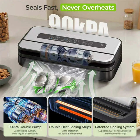 Pro Grade Vacuum Sealer With Built In Cutter And Bag Storage 90KPa Strong Vacuum showing components and features on a kitchen counter.