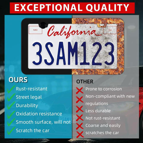 Comparison showing Built Tough Black Matte License Plate Frame Set With Rust Proof Aluminum Alloy Construction Gloss Finish
