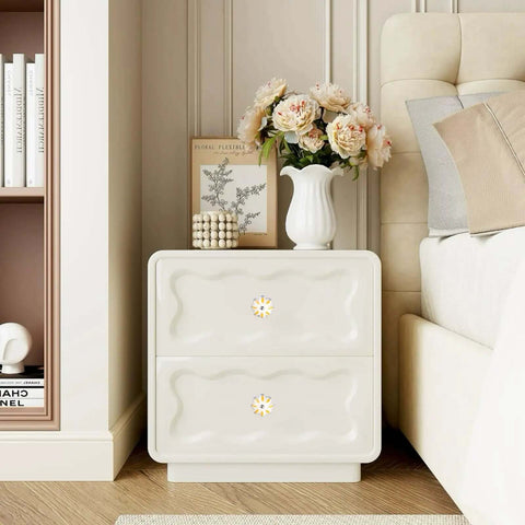 Set Of 8 Yellow And White Vintage Ceramic Drawer Knobs With Classic Spade Cabinet Door Pulls on a chic white nightstand.