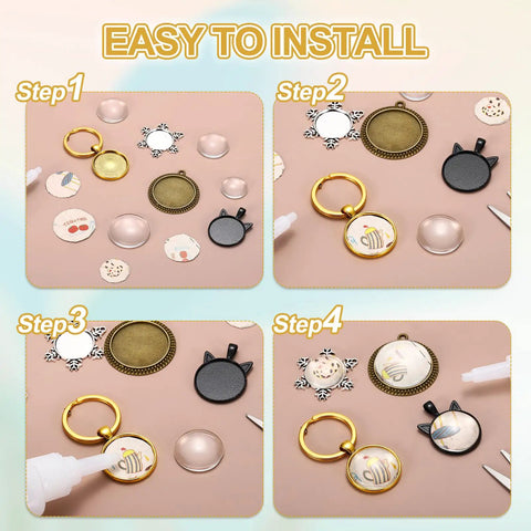Easy to install steps for 25 Millimeter Glass Cabochon Keychain Making Kit With 20 Pcs Pendant Setting Trays Blank Bases For Key Ring Crafting Photo Resin Jewelry Supplies Red Copper Finish Cool DIY Gift For Personalizing Bags And Accessories