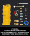 20 Piece Air Compressor Accessory Kit With Recoil Hose, Tire Inflator, Blow Gun, Brass Quick Connect Fittings And More displayed