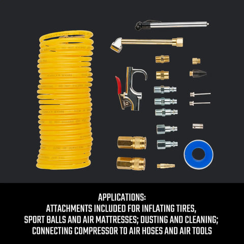 20 Piece Air Compressor Accessory Kit With Recoil Hose, Tire Inflator, Blow Gun, Brass Quick Connect Fittings And More displayed