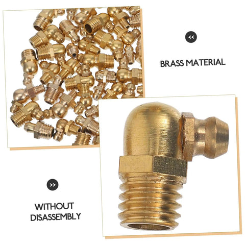 Assorted brass fittings from Grease Fitting Kit Zerk Fittings Assortment SAE Straight And Angled Nozzles, close-up view.