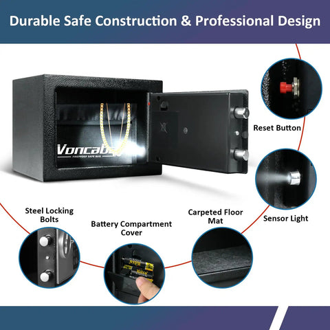 Open view of Compact Home Safe Box With Sensor Light Fireproof Money Safe For Your Cash Hideout 0.23 Cu Ft Security Safe With Digital Keypad And Passcode Lock Comes With Keys 9.05 W x 6.69 D x 6.69 H Black showing interior features.