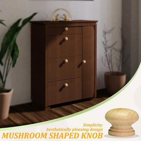 15 Pack Unfinished Wood Drawer Knobs Mushroom Style Cabinet Dresser Pull Handles For DIY Home Reno Makeover shown on cabinet