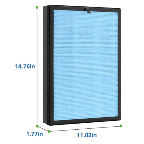 Two Pack AP1002 Replacement Filters AP1002 RF Compatible With AP1002 Air Purifier H13 True HEPA Filter Set shown with dimensions
