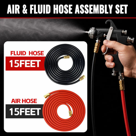 High End 15 FT Air And Fluid Hose Set Built For Spray Guns And Paint Pressure Pot Tanks Pro Grade 3 8 Inch Air Line, 15ft hoses