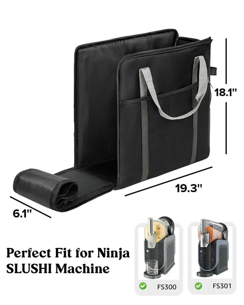 Open Ninja Slushie Machine Carrying Bag FS301 FS300 with front opening, showing interior and dimensions in black material.