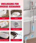 Heavy Duty Cordless Electric Drain Auger Zero Cord Drama Slick Clog Buster Plumbing Pipe Cleaner Bare Tool showing usage in toilets and sinks.