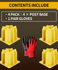 High Visibility Yellow Guardrail Base Boots 4 Pack With Abs Plastic Design Hella Durable For Temporary Traffic Control Plus Nitrile Coated Work Gloves Boss Certified Job Site Essential showing four yellow base boots and a pair of gloves.
