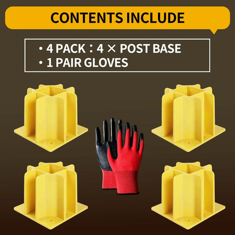 High Visibility Yellow Guardrail Base Boots 4 Pack With Abs Plastic Design Hella Durable For Temporary Traffic Control Plus Nitrile Coated Work Gloves Boss Certified Job Site Essential showing four yellow base boots and a pair of gloves.