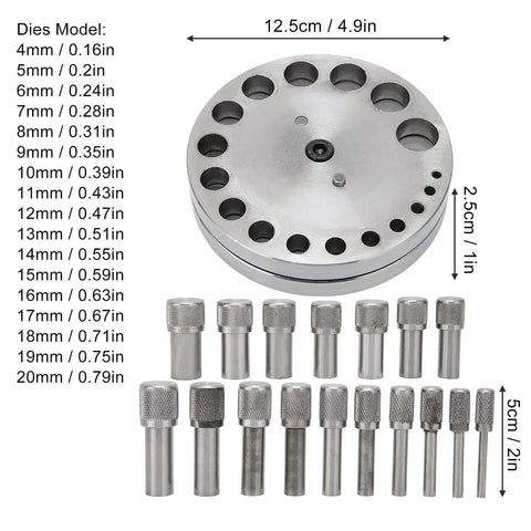 Disc Cutter Set With Seventeen Dies For Metal Forming Punch Die Discs Durable Steel Construction Great For Brass Gasket And Styrene Sheet Crafting Ideal For DIYers And Jewelry Makers At Home, showing all dies with measurements