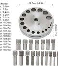 Steel Disc Cutter Set For Jewelry Making showing disc cutter and 17 dies, labeled measurements in inches and centimeters.