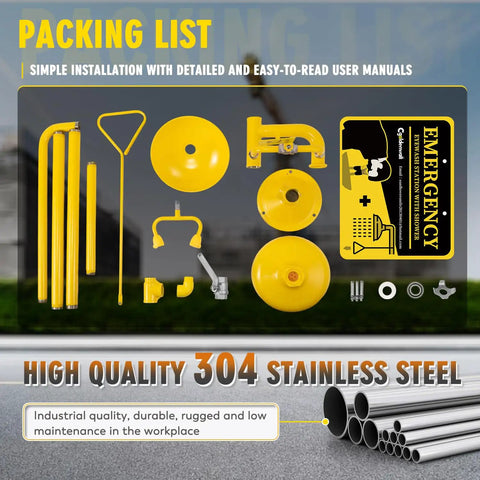Heavy Duty Emergency Shower And Eye Wash Station Combo For Industrial Safety Worksite Ready NPT Thread 304 Stainless Steel With Yellow Coating OSHA Approved And ANSI Z358 2014 Compliant Ideal For Construction Sites Factories Labs