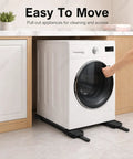 Heavy Duty Washer Dryer Pedestal With Roller Sliders For Easy Lift Move And Lower Heavy Appliances in black under a washer.