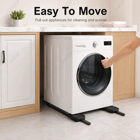Heavy Duty Washer Dryer Pedestal With Roller Sliders For Easy Lift Move And Lower Heavy Appliances in black under a washer.