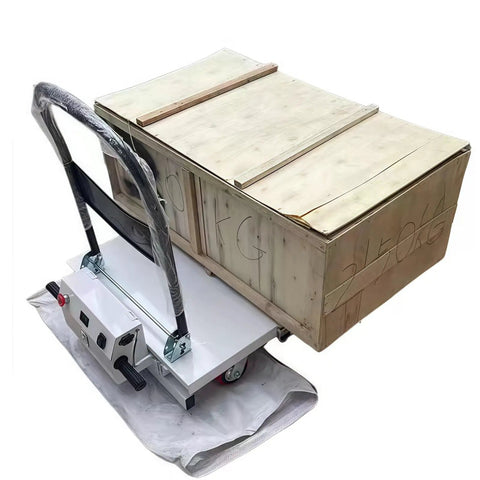 Heavy Duty Hydraulic Forklift Cart With 4-Wheel Electric Scissor Lift Platform carrying a wooden freight box for warehouse lifting.