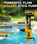 Cordless Stick Transfer Pump With Hookup To Dewalt 20V Max, showing flow rate specifics and features in a pool setting.