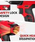 Cordless Heat Gun With Fast Heating Up To 1022F 550C showing safety lock design and quick heat dissipation in red color