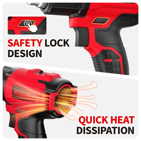 Cordless Heat Gun With Fast Heat Up, Two Temp Settings, Up To 550 C, Includes Five Nozzles And Two 4.0Ah Batteries, safety features