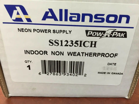 Label on box for Neon Sign Transformer Power Supply For Small Signs 12,000-Volt 35 mA With Ground Fault and Open Circuit Diagnostics.