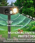 Solar Ultrasonic Animal Repeller Outdoor With Motion Sensor PIR Auto Deterrent For Yard And Garden LED Flashing Light Weatherproof 2 Pack Keeps Pests And Critters At Bay No Fuss Hands Free, 120° detection