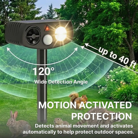 Solar Ultrasonic Animal Repeller Outdoor With Motion Sensor PIR Auto Deterrent For Yard And Garden LED Flashing Light Weatherproof 2 Pack Keeps Pests And Critters At Bay No Fuss Hands Free, 120° detection