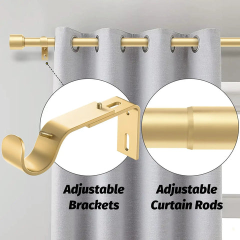 Gold Curtain Rods For Windows 66 To 120 Inches, 1 Inch Adjustable, Heavy Duty Wall Mount Set with brackets and rods close-up