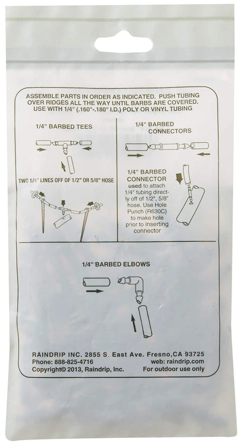 Back of package showing installation instructions for One Quarter Inch Drip Irrigation Barbed Coupling Connector Quick Connect 50 Pack.