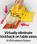 Grr Ripper Pro And Gravity Heel Kit Ultimate 3D Pushblock for table saw, yellow push block stabilizing hardwood undercut.