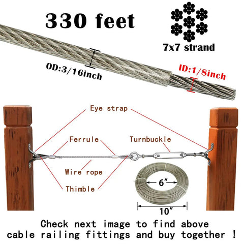 Crystal Vinyl Coated Wire Rope Cable One Eighth Inch To Three Sixteenth Inch Galvanized Steel Seven By Seven Strand railing setup diagram